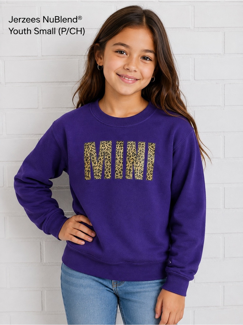 Jerzees NuBlend Youth Small Purple MINI Leopard Print Crewneck Sweatshirt